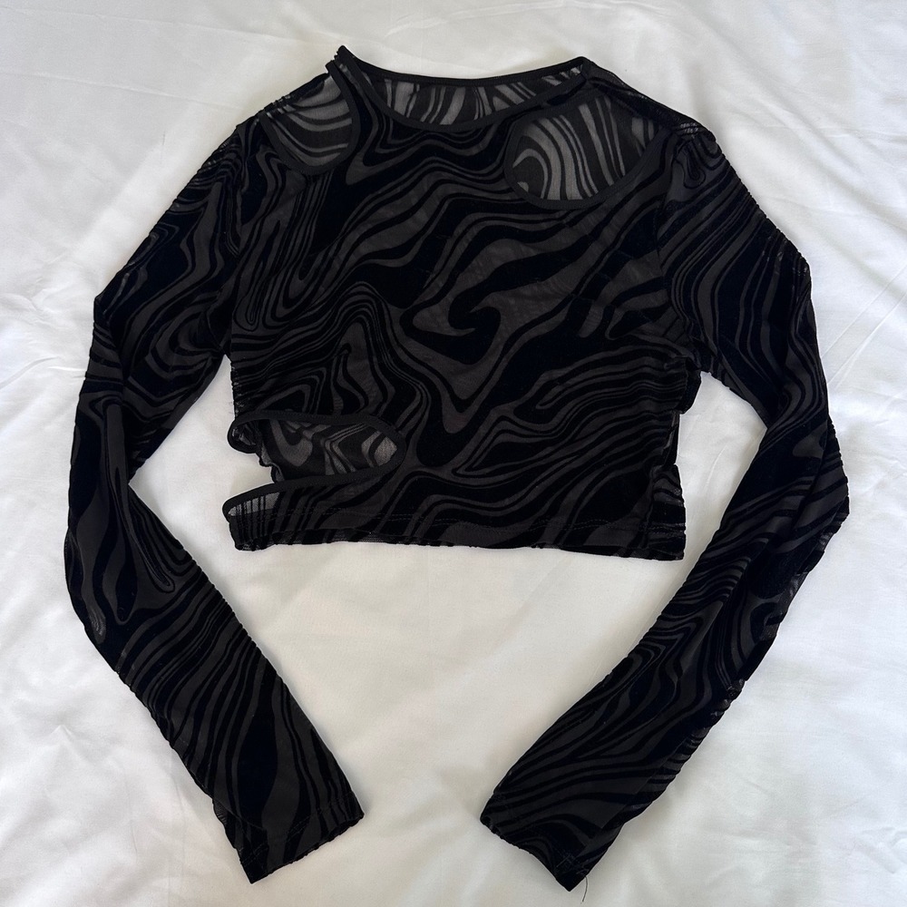 Black Sheer Long-Sleeve Crop Top